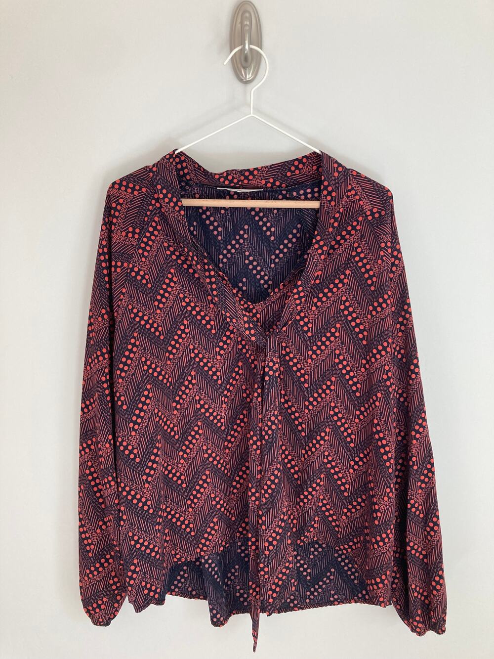Navy Coral Geometric Chevron Blouse Long Sleeve V Neck Work Top